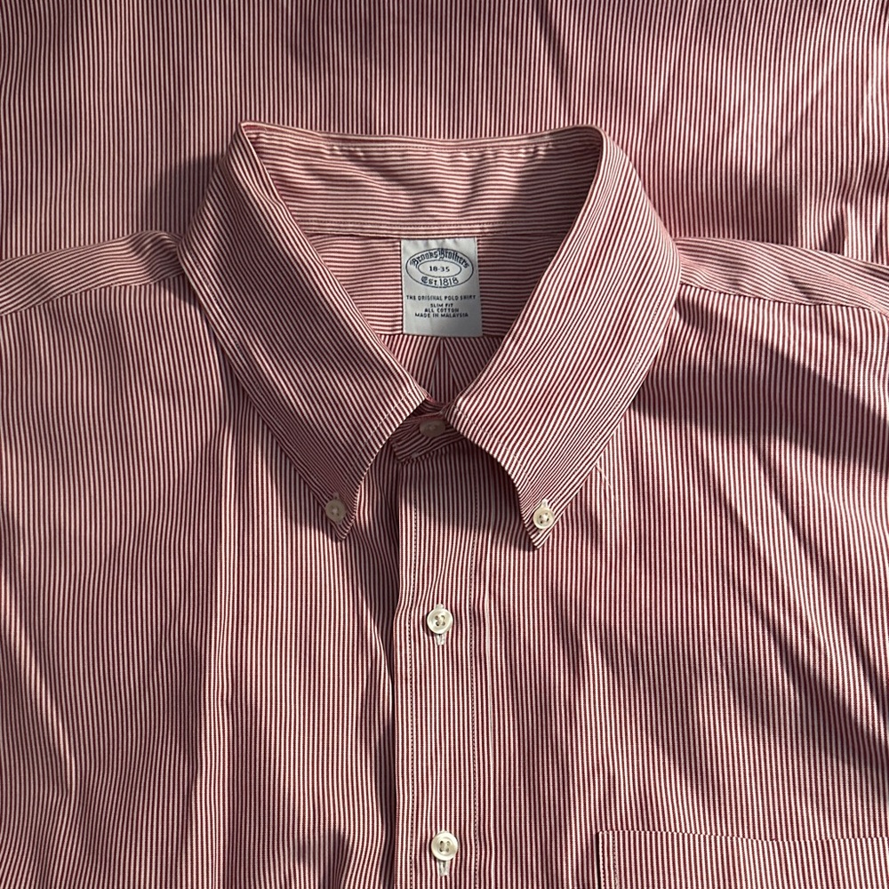 Brooks Brothers Men's Red Pinstripe Shirt Non-Iron Slim Fit All Cotton 18 - 35